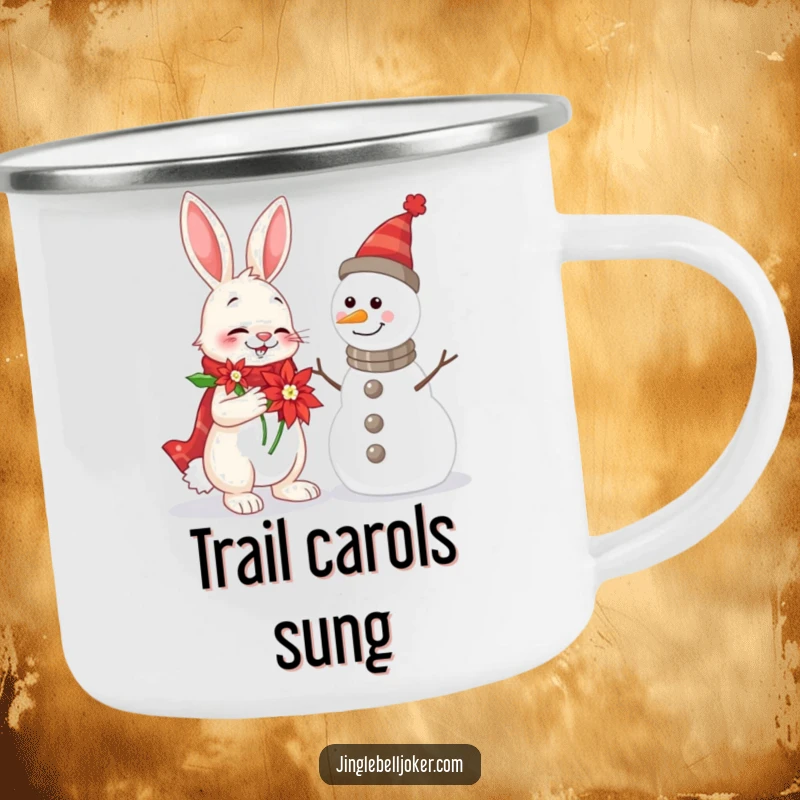 Funny Rabbit and Snowman Camping Mug featuring a cheerful rabbit attempting to serenade a snowman, great for outdoor holiday fun.