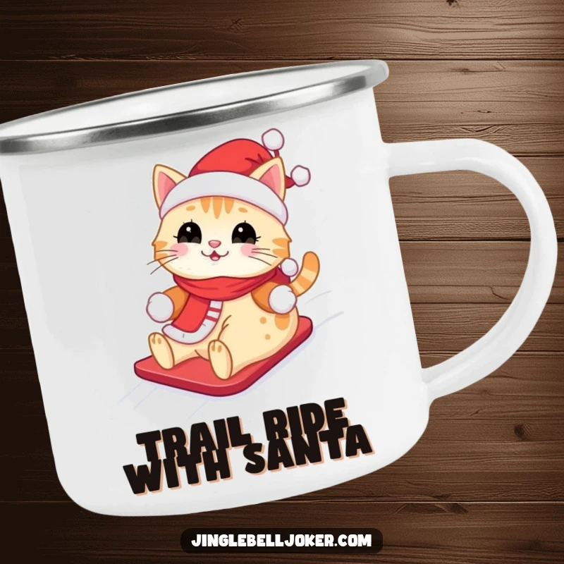 Funny Kawaii Santa Cat Camping Mug: A cute cat wearing a Santa outfit, happily sliding down a snowy hill, for outdoor use.