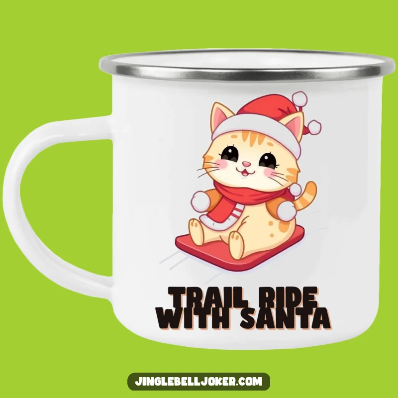 Funny Kawaii Santa Cat Camping Mug: Cute Feline Sliding Down Snowy Hill, Outdoor Funny Gift