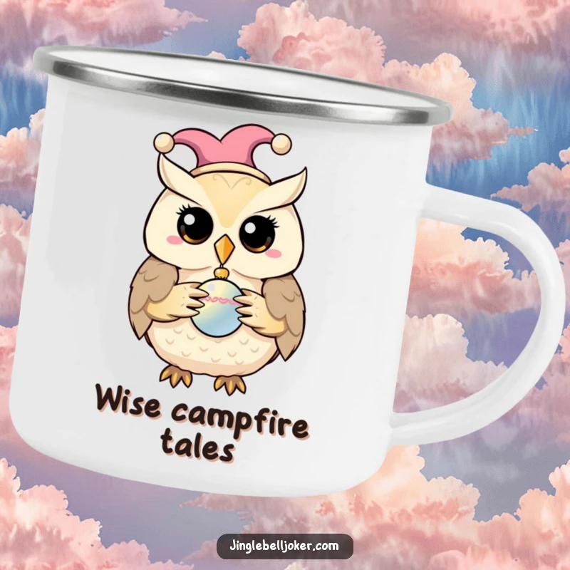 Funny camping mug of a jester owl holding a bauble, ideal for outdoor charm.