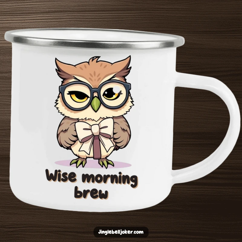 Funny Camping Mug: An owl with spectacles tries to tie a gift bow, perfect for outdoor thoughtful moments.