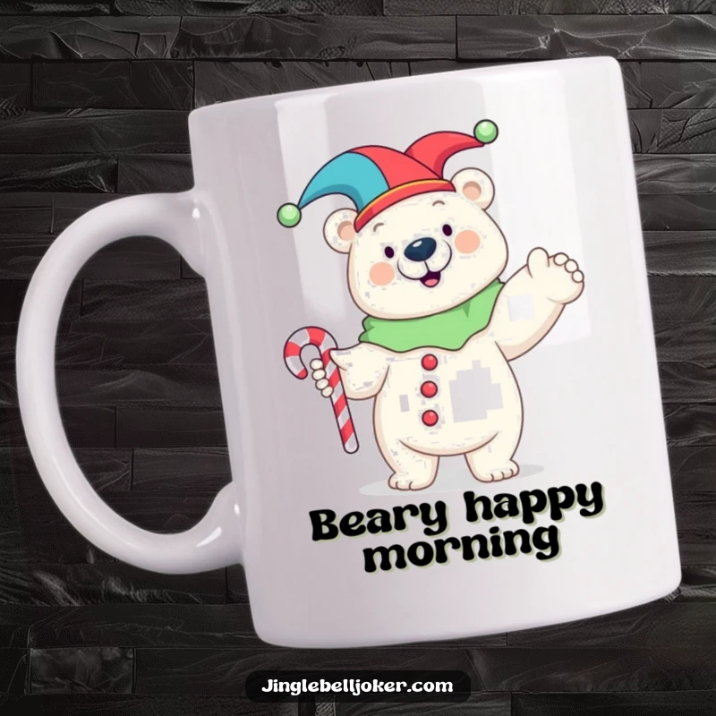 Funny mug showing a happy polar bear in a jester costume striking a funny pose with a candy cane, radiating pure joy.