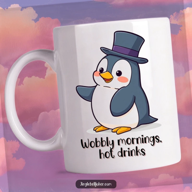 Funny mug showing a clumsy penguin enthusiastically trying to balance a very tall hat, embodying playful struggle.