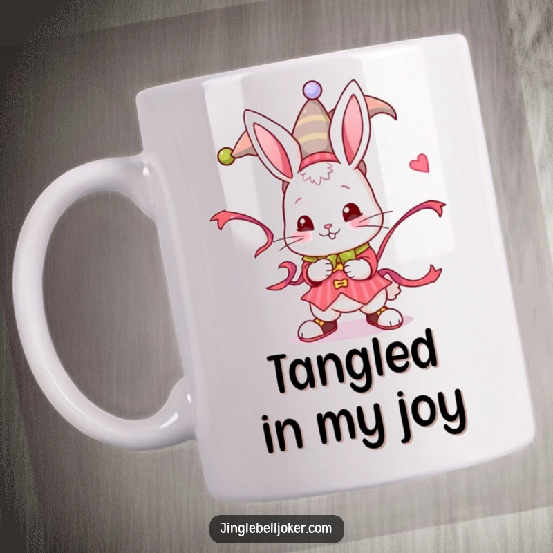 Funny Jester Bunny Mug: A playful bunny dressed as a jester twists a festive ribbon, perfect for cheerful mornings.