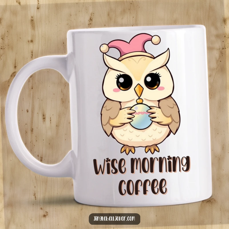 Funny mug showing a wise owl in a jester cap holding a shiny bauble, bringing humor and charm.
