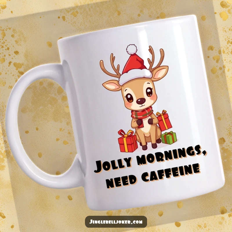 Funny mug showing a deer wearing a Santa hat, curiously juggling presents, embodying holiday cheer.