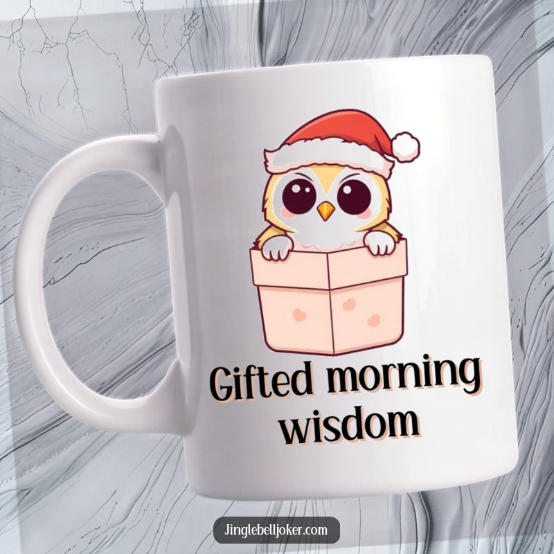 Funny Kawaii Owl Santa Mug, with a cute owl peeking from a gift box, spreading holiday cheer and laughter.