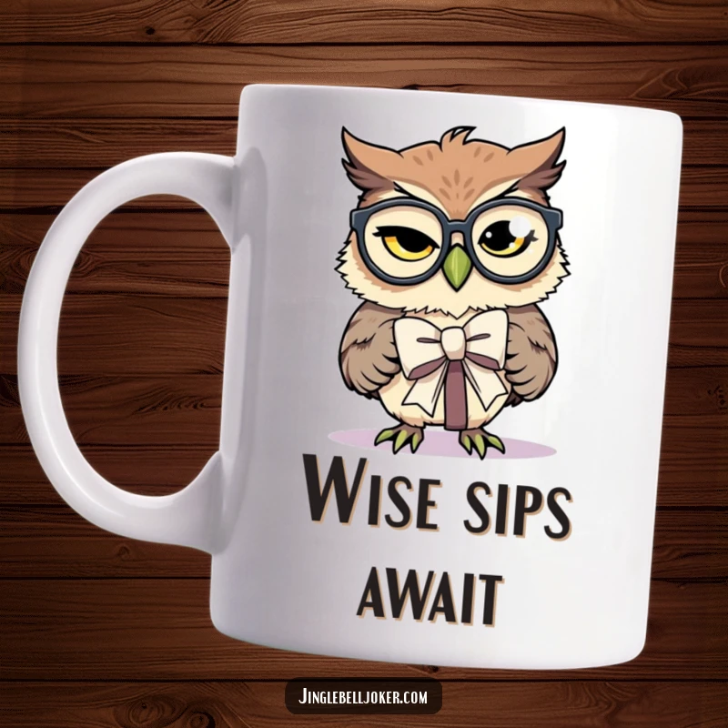 Funny Mug: A winking owl with oversized spectacles humorously struggles to tie a bow on a present.