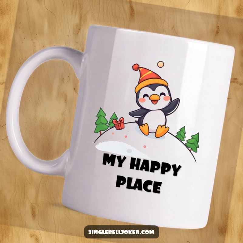 Funny mug featuring a cheerful penguin in a jester hat joyfully sliding down a snowy slope with festive flair.