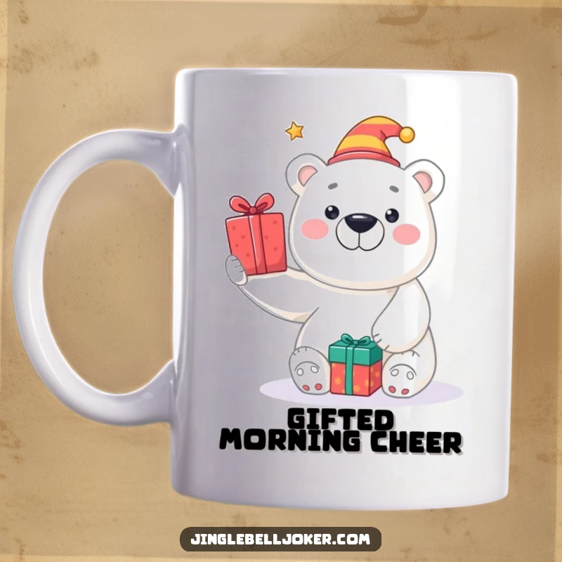 Funny mug with a smiling polar bear wearing a tiny jester hat, gleefully tossing wrapped presents, radiating holiday spirit.