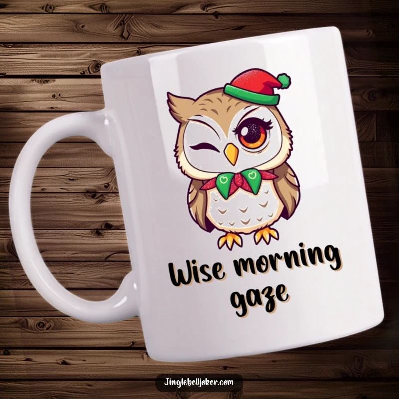 Funny mug depicting an owl wearing a jester collar, trying to wink with holiday glitter around its eye.