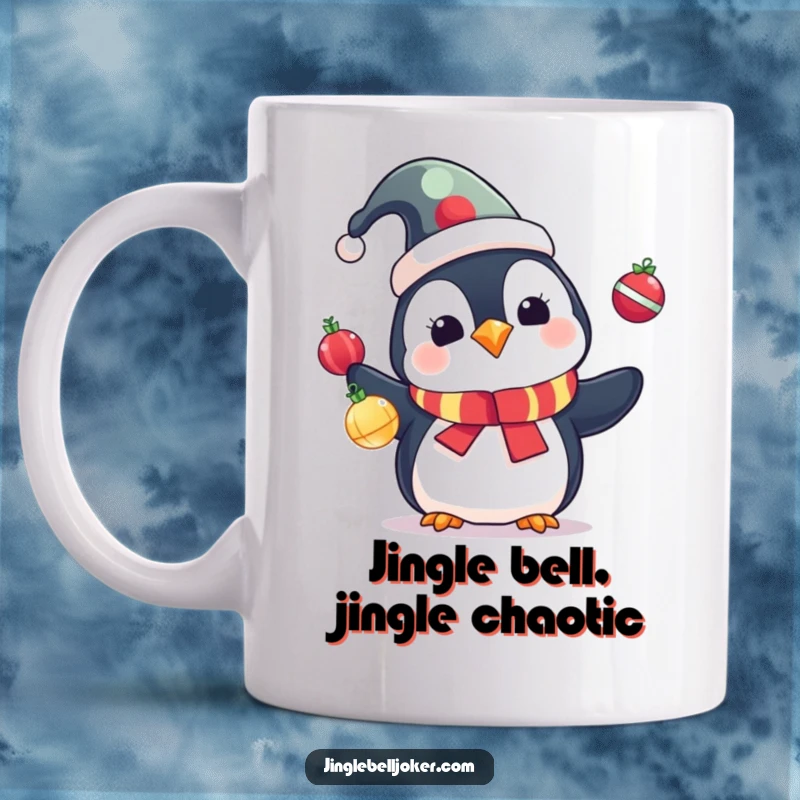 Funny Penguin Mug: Cute penguin in a jester hat juggling colorful Christmas ornaments, festive and humorous.