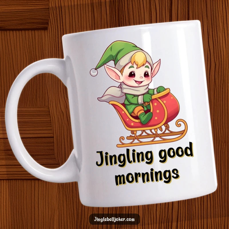 Funny mug depicting a giddy elf character wearing a jester hat, joyfully riding a tiny, jingling sleigh, embodying festive excitement.