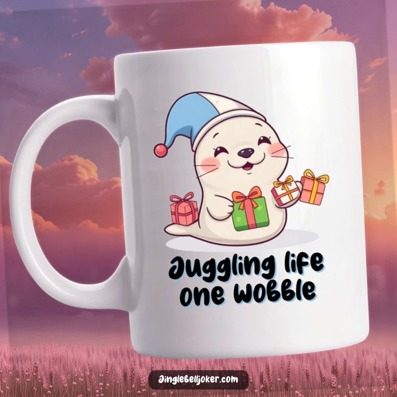 Funny Jester Seal Mug, a stressed seal in a jester hat nervously juggles wrapped gifts, perfect for a funny gift.