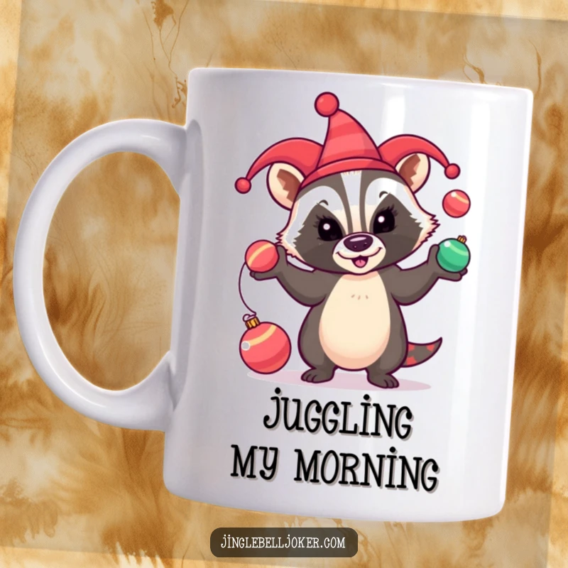 Funny Mug: A mischievous badger in a jester hat comically juggles festive baubles, spreading holiday cheer.