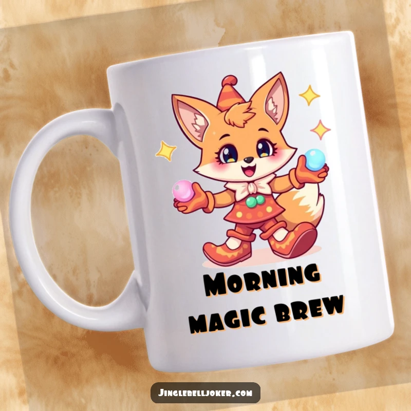 Funny Fox Jester Mug: Cheerful fox in exaggerated jester shoes, juggling glowing orbs, a magical and humorous design.