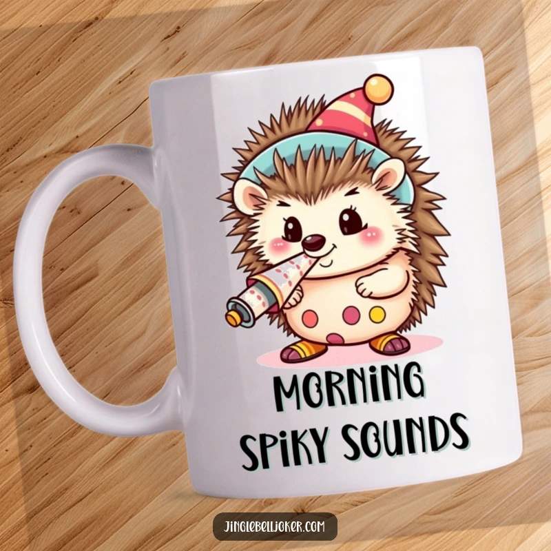 Funny Kawaii Clown Hedgehog Mug: A cute hedgehog dressed as a clown, blowing a loud party horn, celebrating with joy.
