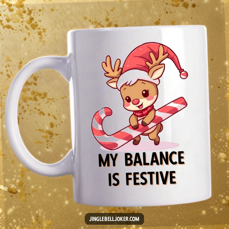 Funny Reindeer Jester Mug: A goofy reindeer in a jester wig trips over a giant candy cane, perfect for holiday laughs.