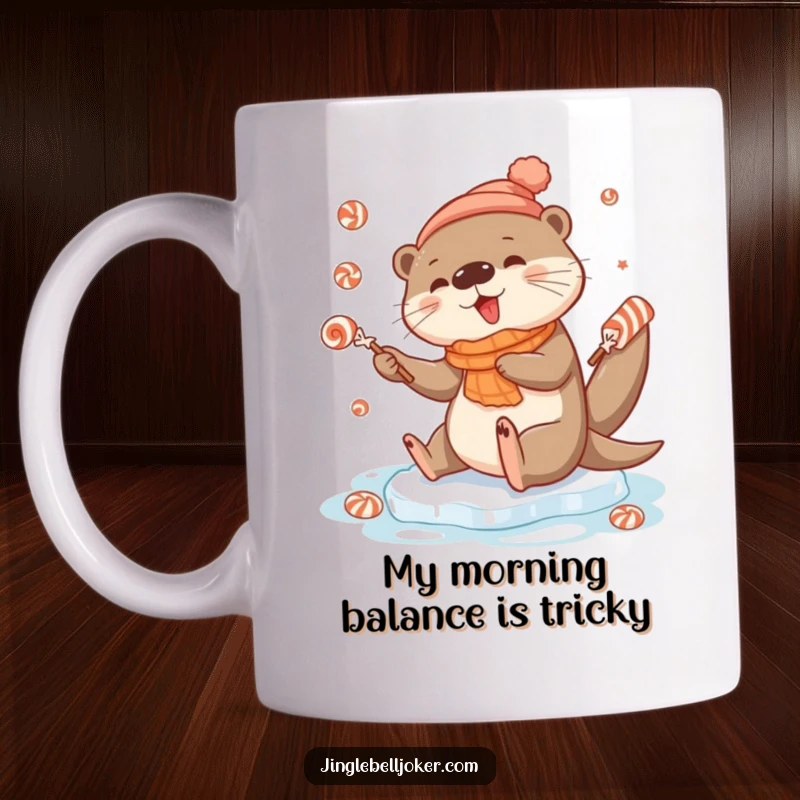 Funny mug featuring a cute otter character slipping on ice, juggling festive candies with a comical expression of surprise and delight.