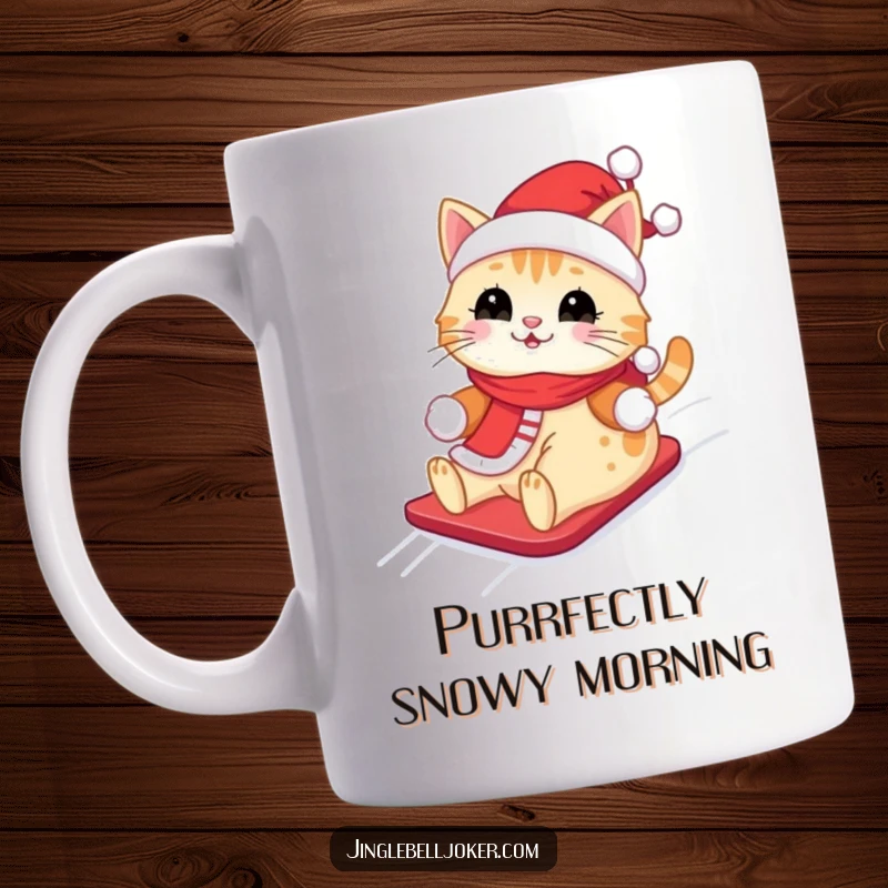 Funny Kawaii Santa Cat Mug: A cute cat wearing a Santa outfit, happily sliding down a snowy hill, bringing festive cheer.