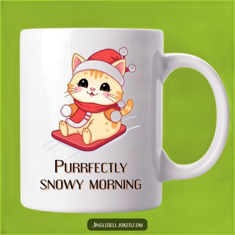 Funny Kawaii Santa Cat Mug: Cute Feline Sliding Down Snowy Hill, Perfect Funny Gift