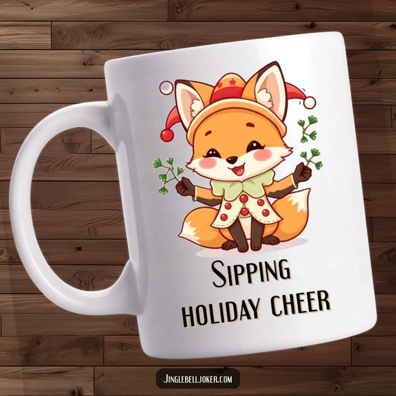 Funny Fox Jester Mug, joyful fox in jester attire juggling mistletoe sprigs, bringing festive holiday fun and humor.