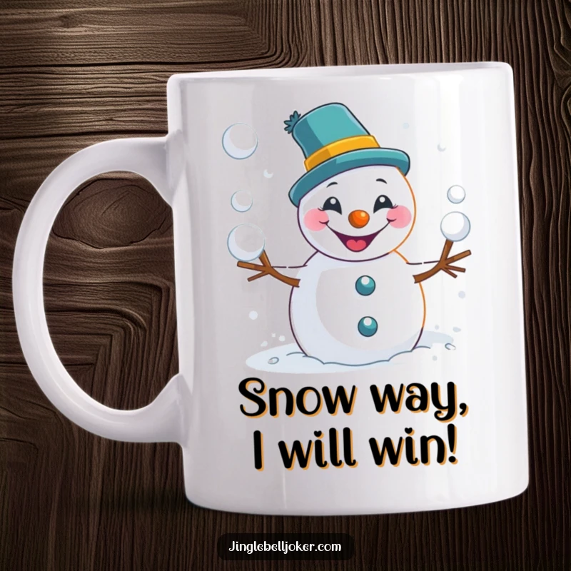 Funny snowman mug featuring a mischievous character grinning wildly while playfully tossing snowballs, capturing a moment of winter joy.