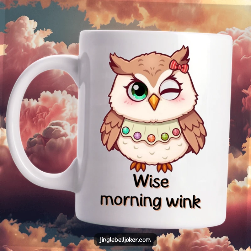 Funny mug depicting an owl wearing a jester collar, comically trying to wink with holiday glitter, looking festive and amusing.
