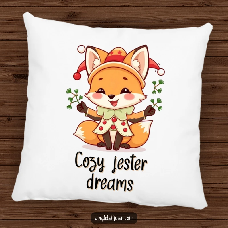 Funny Fox Jester Pillow, a joyful fox in jester attire juggling mistletoe, providing soft comfort and humorous holiday vibes.