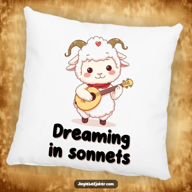 Funny Sheep Jester Pillow: Fluffy sheep character in a jester collar, playing a tiny festive lute, cozy musical comfort.
