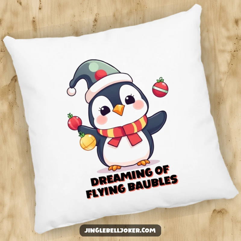 Funny Penguin Pillow: Cute penguin in a jester hat juggling colorful Christmas ornaments, soft and festive.