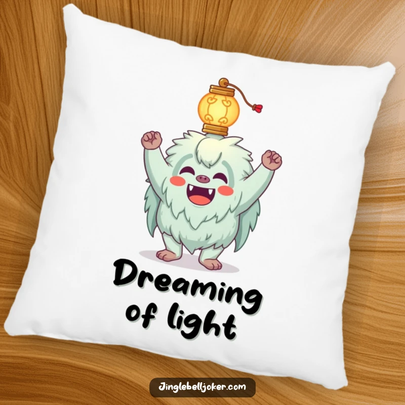 Funny Yeti Pillow featuring a silly yeti joker balancing a glowing lantern on its head, perfect for cozying up.