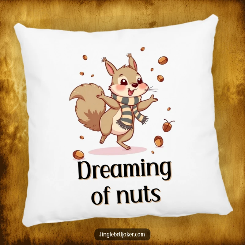 Funny Pillow: A squirrel cartwheels, scattering acorns like confetti, bringing playful energy to decor.