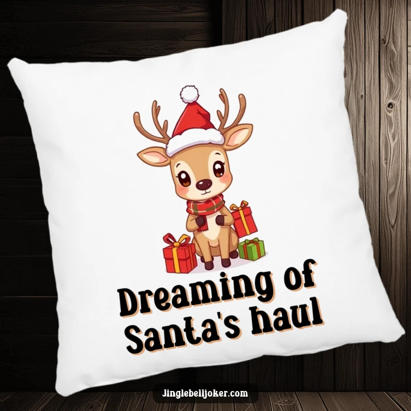 Funny pillow designed with a deer in a Santa hat curiously juggling presents, perfect for holiday snuggles.