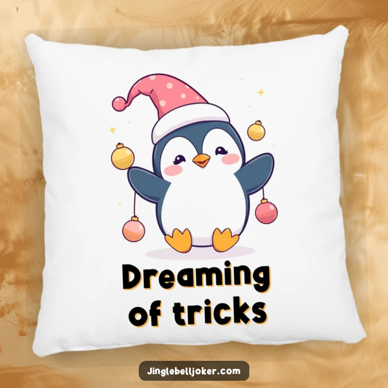 Funny Penguin Jester Pillow: Cute penguin character in a jester hat, juggling sparkling ornaments, cozy holiday comfort.