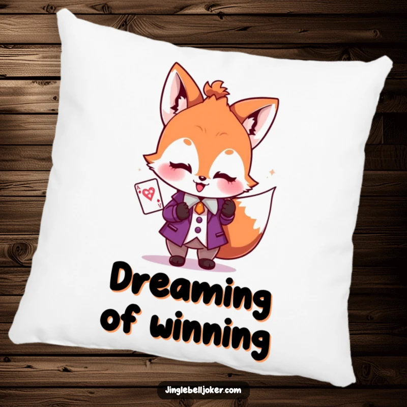 Funny pillow with a blushing fox in a joker costume, holding a sparkly playing card, offering comfort and game-themed decor.