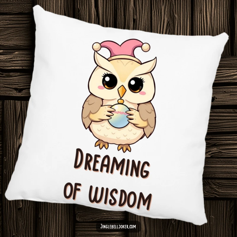 Funny pillow featuring a jester owl holding a bauble, perfect for adding comfort and humor.