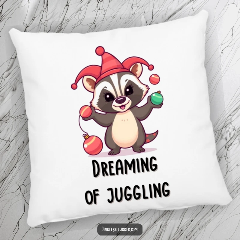 Funny Pillow: A mischievous badger in a jester hat comically juggles festive baubles, adding humor to decor.