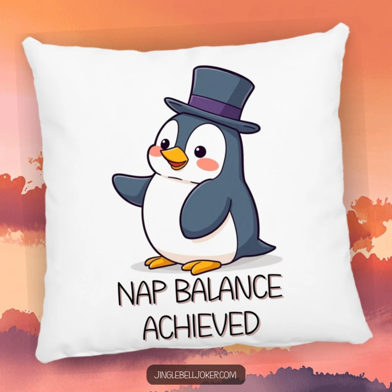 Funny pillow designed with a clumsy penguin hilariously attempting to balance a tall hat, offering comfort and silliness.