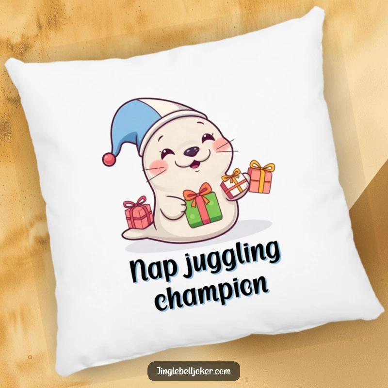 Funny Jester Seal Pillow, a jester seal comically juggling wrapped presents, a funny gift for decor.