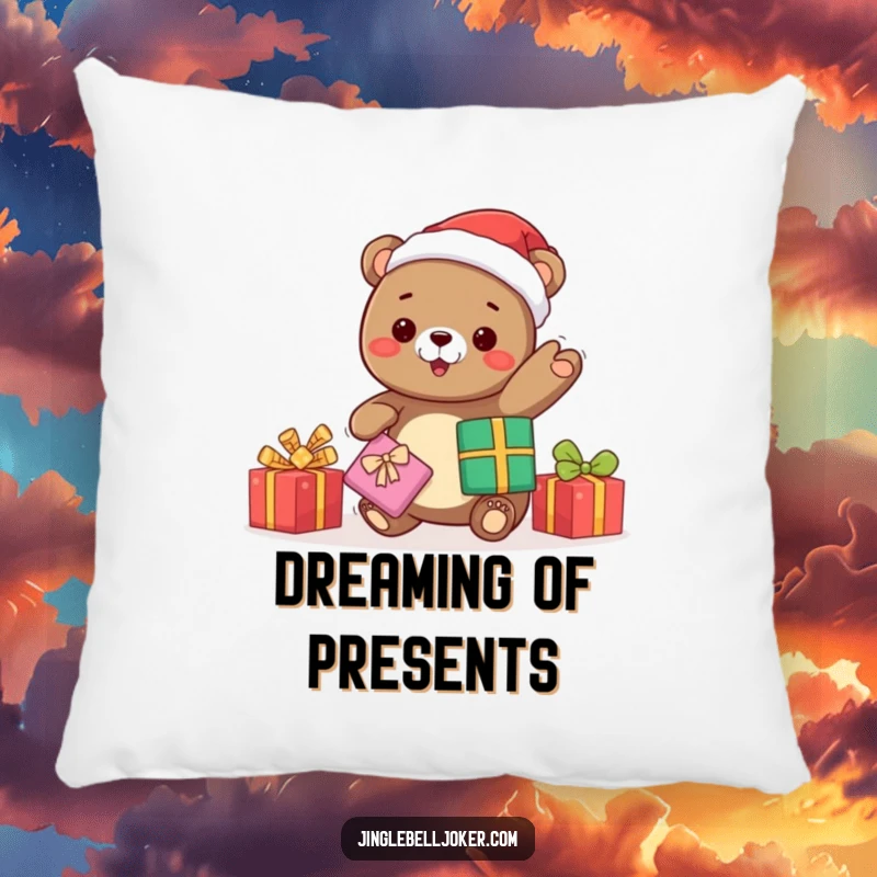 Funny kawaii bear Santa juggling presents, a soft decorative pillow bringing holiday cheer and humorous comfort to any space.