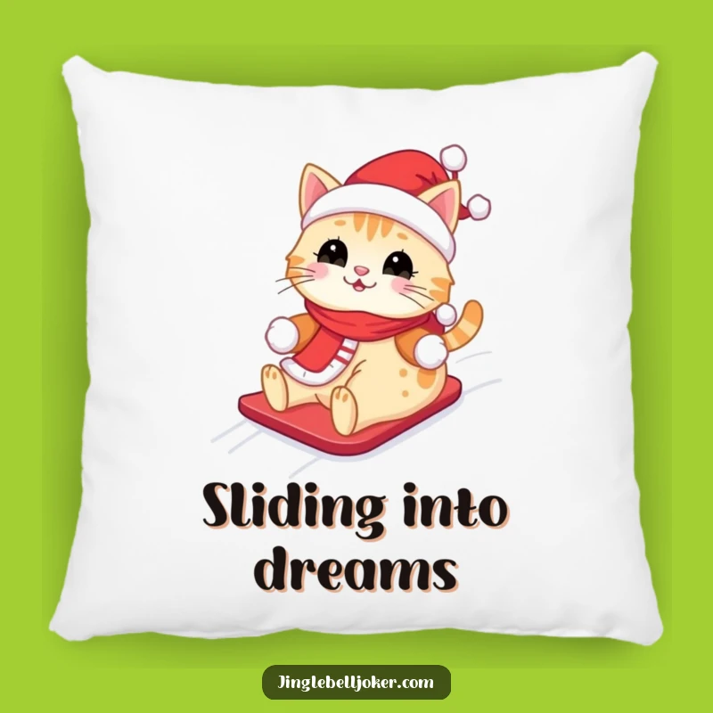 Funny Kawaii Santa Cat Pillow: Cute Feline Sliding Down Snowy Hill, Cozy Funny Gift