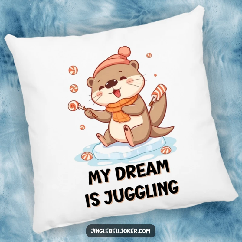 Funny pillow showcasing a cute otter character hilariously slipping on ice while juggling festive candies, perfect for cozy relaxation.
