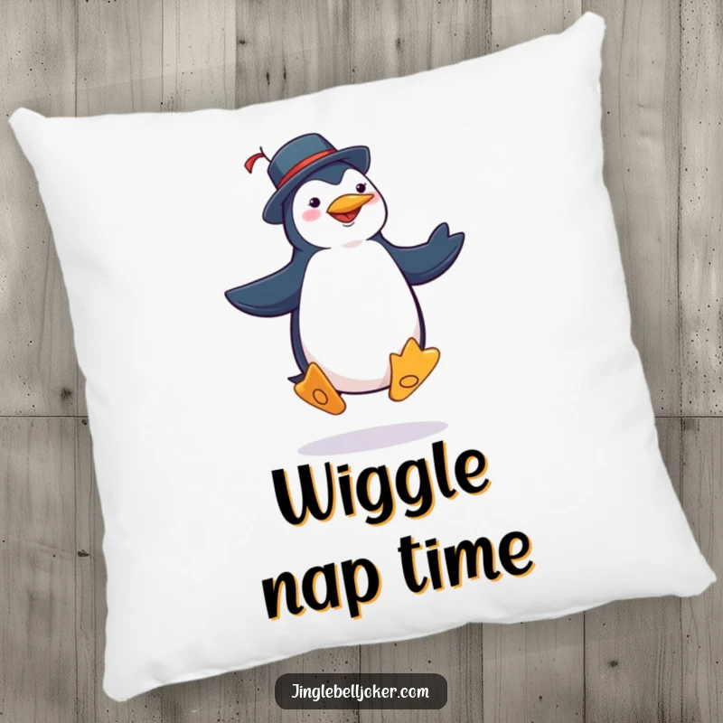 Funny penguin joker pillow showing a character in jester attire performing a silly jig with exaggerated, comical steps, ideal for comfort.