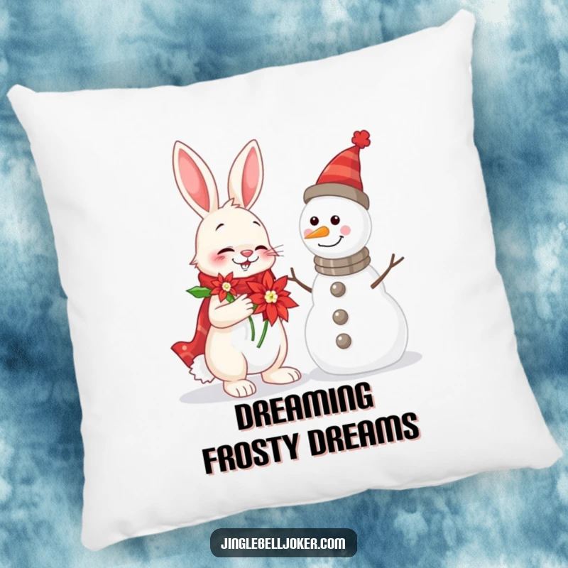 Funny Rabbit and Snowman Pillow depicting a cheerful rabbit with a poinsettia serenading a snowman, adding festive comfort.