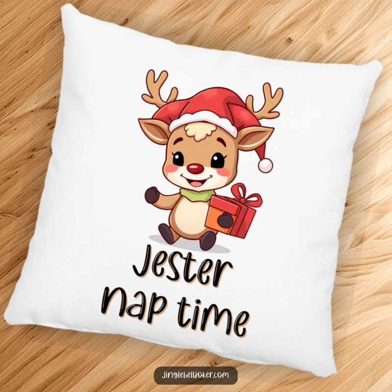 Funny pillow design of a grinning reindeer character in a jester hat, holding a gift, perfect for adding festive and humorous comfort.