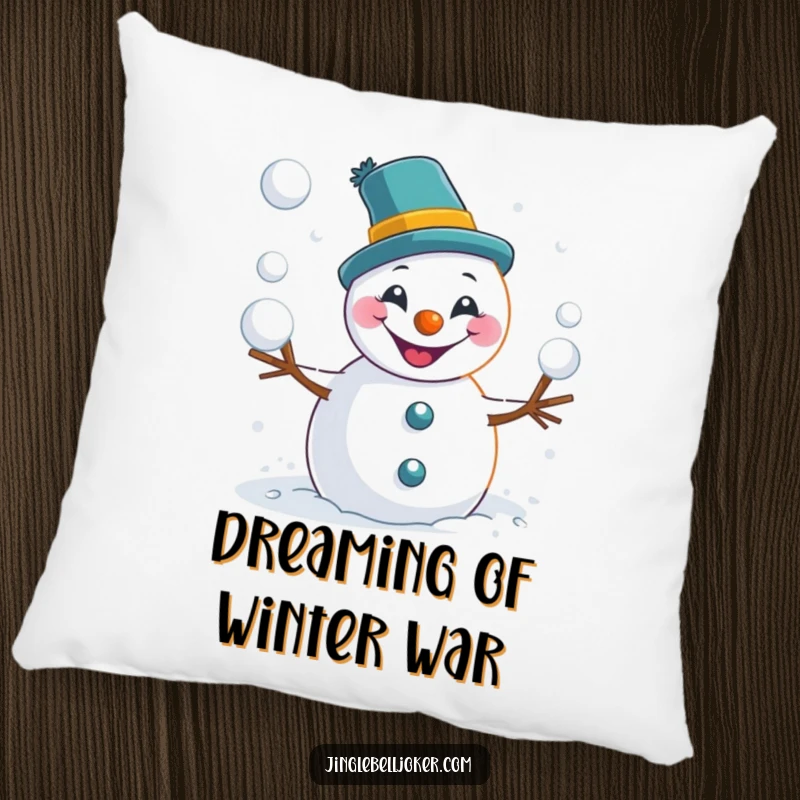 Funny snowman pillow depicting a joker character enthusiastically tossing snowballs, promising comfort and comical charm.