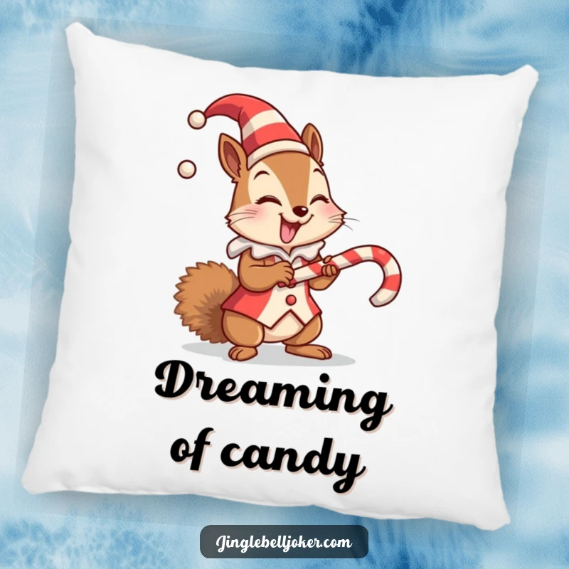 Funny pillow showcasing a giggling squirrel in a jester suit attempting to balance a candy cane, perfect for cozying up.