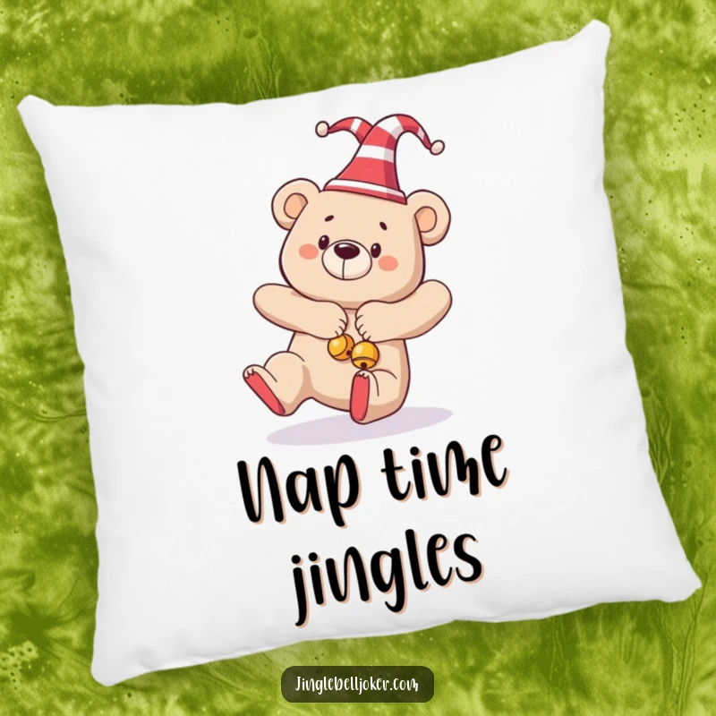 Funny pillow showcasing a bear in a jester hat and bells, hilariously tripping, perfect for cozying up with laughs.