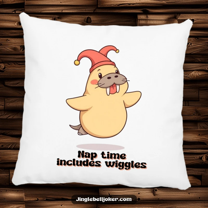 Funny Walrus Pillow: Cheerful walrus in a jester hat doing a playful skip, soft and humorous.